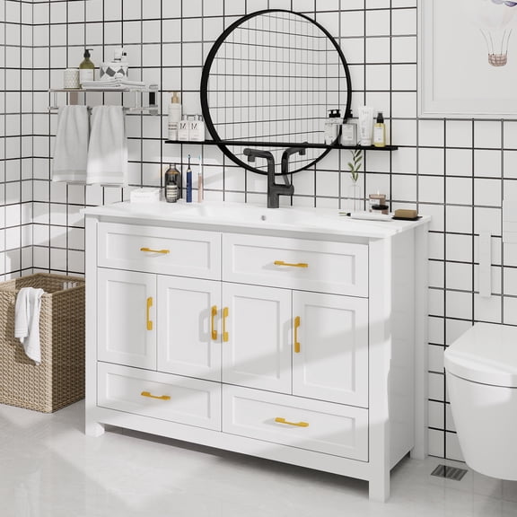 48" White Bathroom Vanity with Ceramic Sink Combo, Abundant Storage Cabinet -4 Soft close doors and 4 drawers