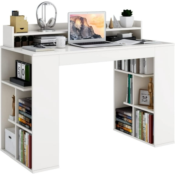 48 White Desk with Storage Bookshelf, Home Office Computer Desk with Dual 3 Tier Bookshelf & Monitor Shelf, Study Writing Desk with Anti-Tipping Kit, Executive Desk for Study & Bedroom
