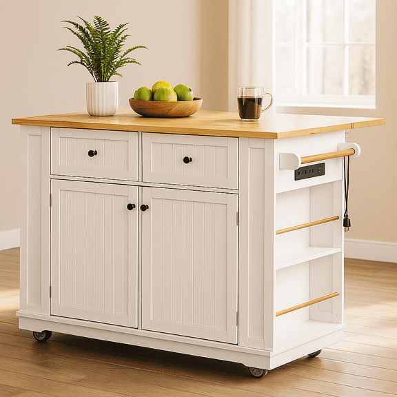 48" White Kitchen Island with Drop-Leaf Tabletop, Power Outlet, Built-in Storage Shelves, 5-Wheel Rolling Cart with 5 Open Side Racks, Perfect for Kitchen or Dining Room (Stools Not Included)