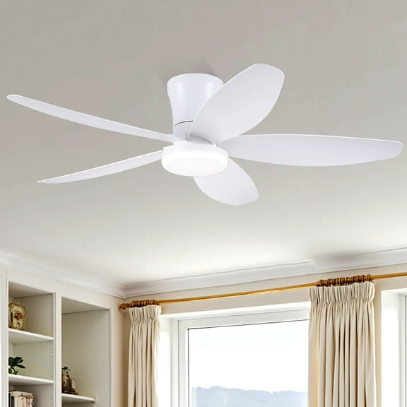 48" White Low Profile Ceiling Fan with Lights, Remote/APP Control, DC Reversible Motor, LED Dimmable Light, Flush Mount Ceiling Fan for Bedroom, Living Room, Indoor/Outdoor Patio Use
