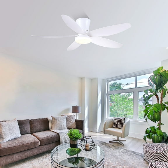 48" White Low Profile Ceiling Fan with Lights, Remote/APP Control, DC Reversible Motor, LED Dimmable Light, Flush Mount Ceiling Fan for Bedroom, Living Room, Indoor/Outdoor Patio Use