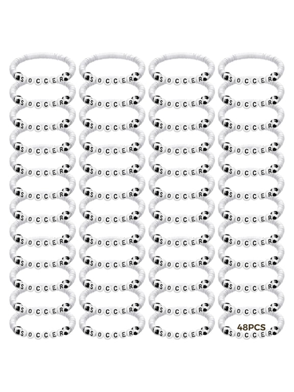 48 White Soccer Bracelets Set, Team Friendship Jewelry with Clay Beads, Soccer Ball, Letter Charms, Sports Accessories for Party Favors