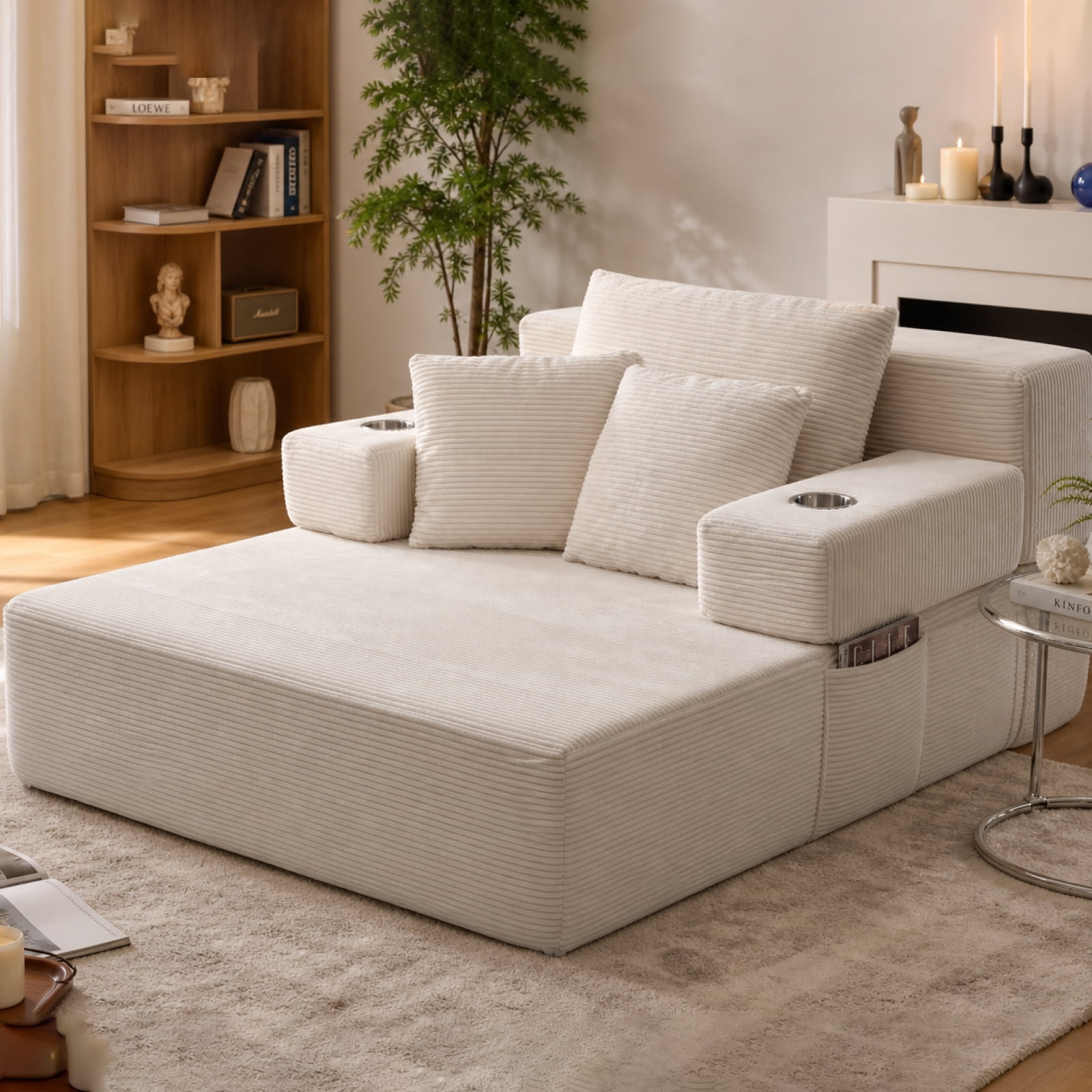 48" Wide Luxurious Corduroy Chaise Lounge with 3 Pillows, 71" Convertible Sofa Bed with Storage Pocket and Cup Holders