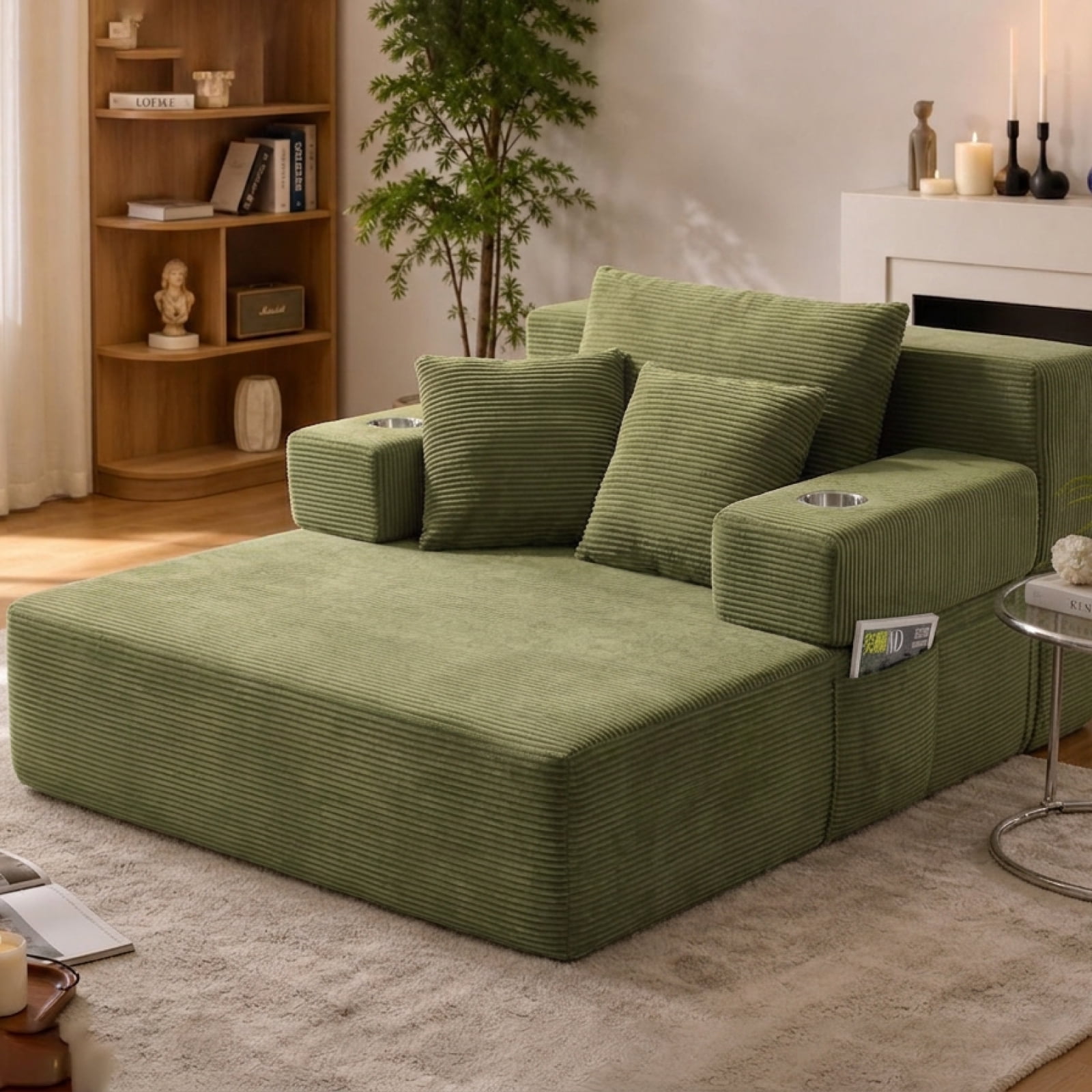 48" Wide Luxurious Corduroy Chaise Lounge with 3 Pillows, 71" Convertible Sofa Bed with Storage Pocket and Cup Holders