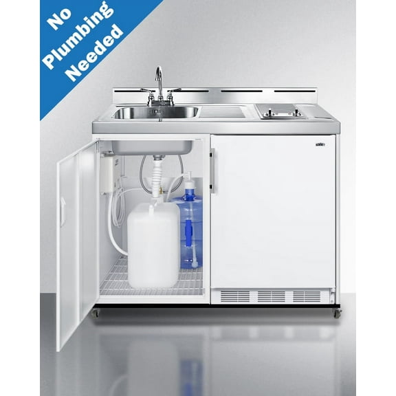 48" Wide Mobile All-In-One Kitchenette, No Plumbing Needed, white, Glass Burners