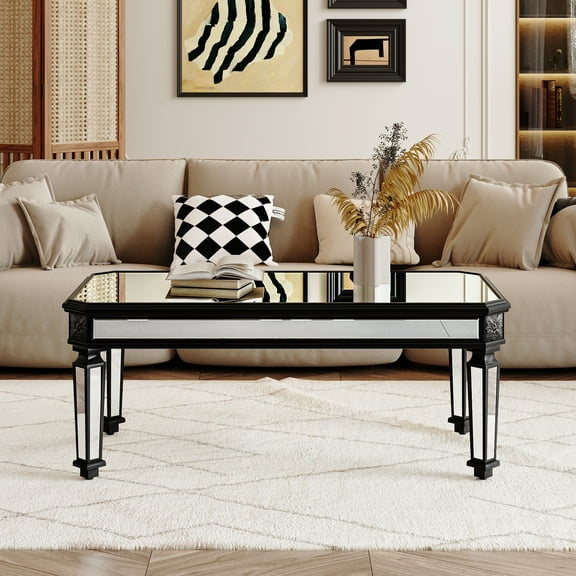 48" Wide Silver Mirrored Coffee Table | Black Vintage Carved Wood Rectangle Glass Tea Table | Modern Center Table for Living Room & Office | 24" D x 18" H