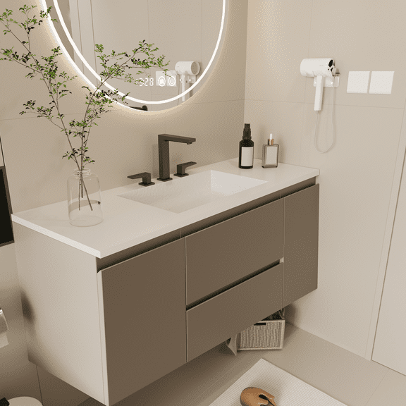 48" Width Wall-Mount Bathroom Vanity  Modern Floating Vanity with Soft-Close Drawers, Laminate Doors, Plywood Construction, Roma Clay