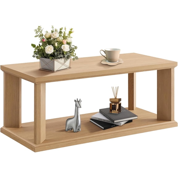 48" Wood Coffee Table, Large Center Table with 2 Tier Storage Shelves and Thick Legs, Rectangular Living Room Table Modern Farmhouse Coffee Table for Living Room, Home Office, Bedroom, Apartment, Oak