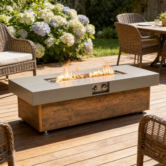 48'' Wood Grain Iron Outdoor Fire Pit Table - Clean-Burning Propane Fire Table with Waterproof Cover, Fits 5-6 People (Gray)