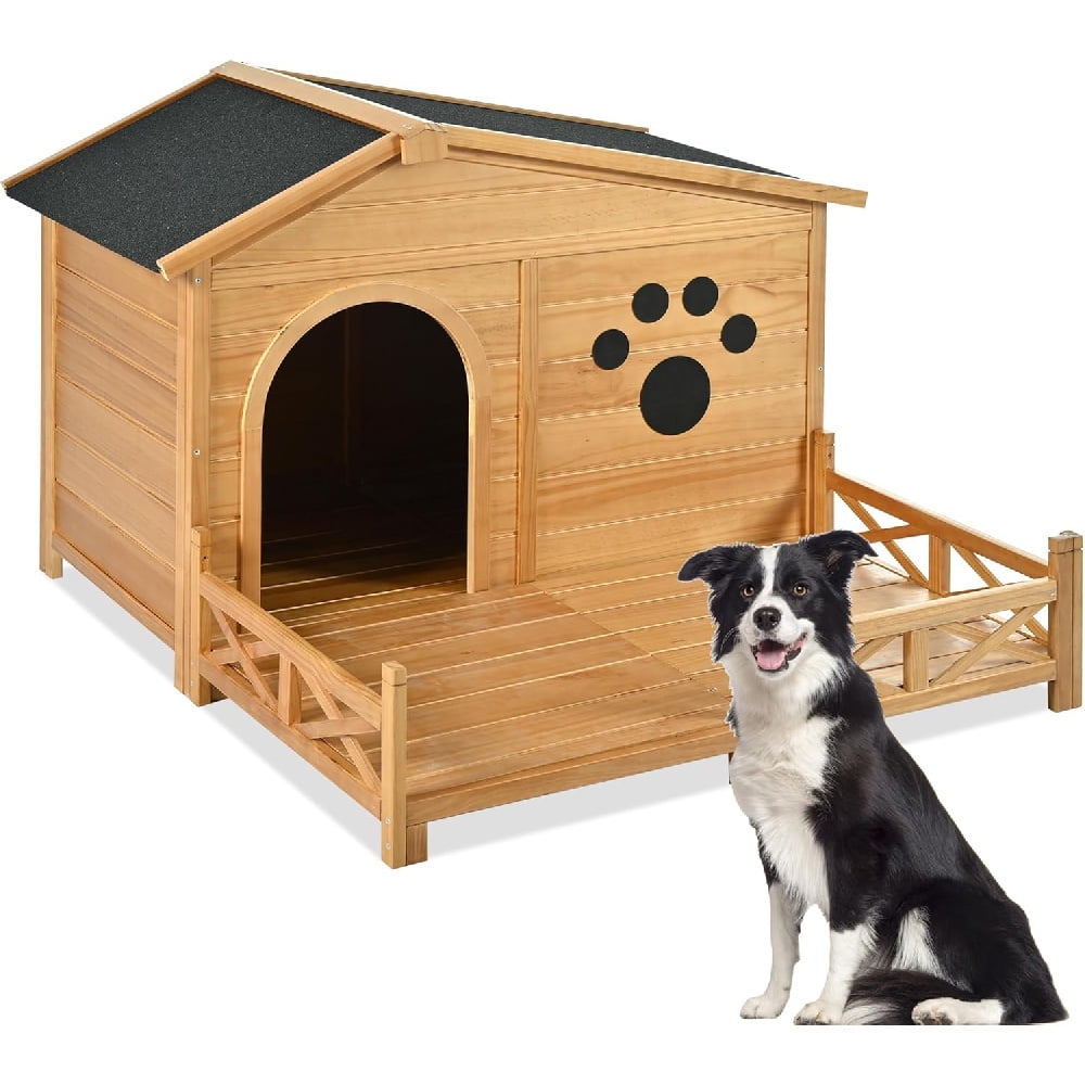 48" Wooden Dog House Outdoor,Large Dog House, Insulated Dog House Outdoor,with Porch, Dog Kennel with Water-Resistant Asphalt Roof and Fencing,Indoor & Outdoor Dog Crate with Paw Print