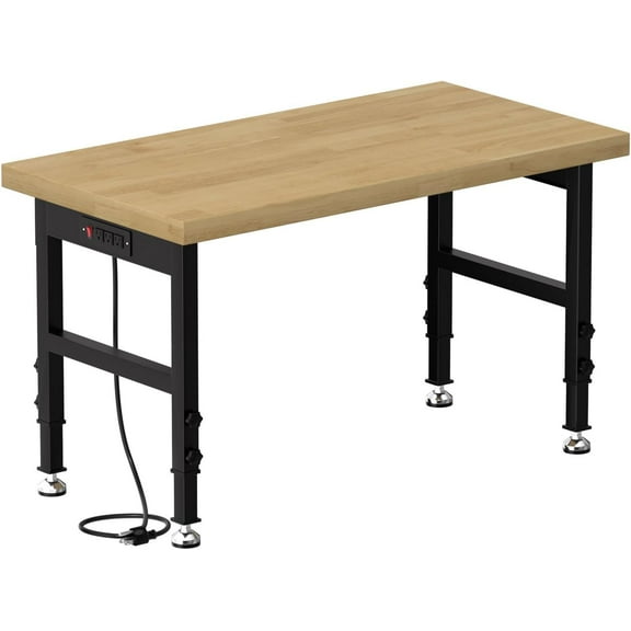 48" Work , Adjustable Height Workbench with Rubber Pad, Heavy-Duty Work Table with Power Outlets, 2000 LBS Capacity Workstation for Garage, Workshop, Office, Home