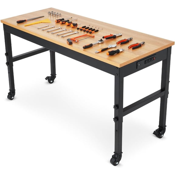 48 in Work Bench, Adjustable Height Workbench, Heavy Duty Rubberwood Tabletop with Lockable Wheels, Built-in Power Outlets, 2500 LB Wood Top Work Table for Garage, Workshop, Repair Shop, Home, Office