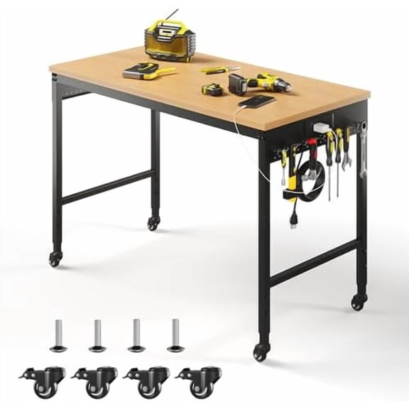 48" Work Bench Adjustable Height Workbench with Power Outlet & Pegboard Heavy Duty Table 2200 LBS Load Capacity Rolling Work Benches for Garage,Workshop,Office,Home$$Tools & Hardware Other