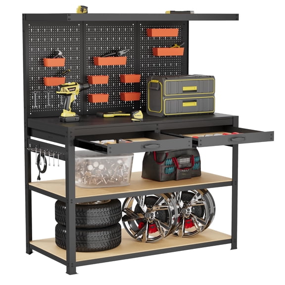48" Work Bench with Drawers, 2000 LBS Heavy Duty Work Table with Pegboard, Storage Shelf, Power Outlets, Work Bench for Garage, Office, Home