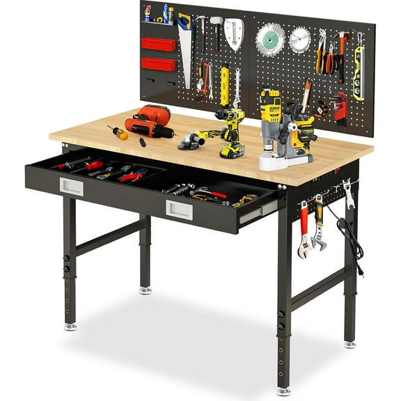 48" Workbench with Drawers, Adjustable Height Work  2000 LBS Heavy-Duty Work Table Rubber Wood Work Station with Power Outlet & Pegboard for Garage, Office, Workshop, Home, Party Shop