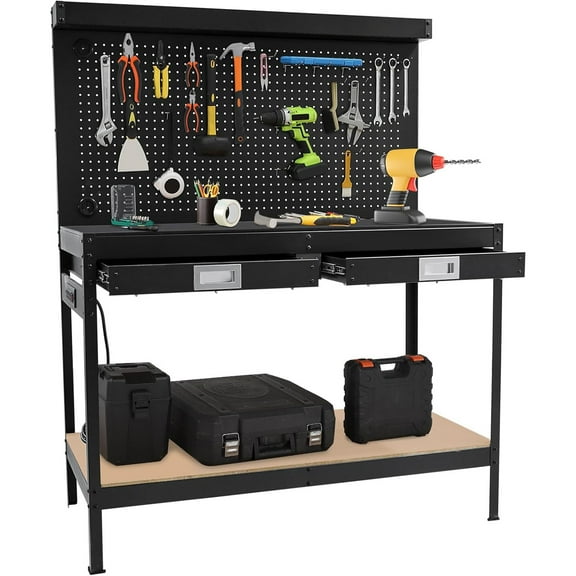 48" Workbench, Work Table with Pegboard, 2 Drawers, Under Shelf, Power Outlet, Hanging Accessories, Topping Space, Multifunctional Metal Tool Storage Bench for Garage, Workshop, Basement