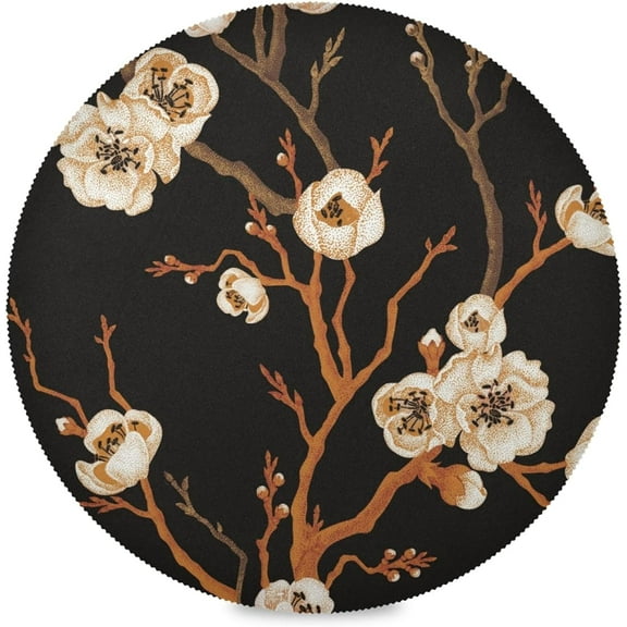 48"X 48" Black Pattern Chinese White Flower Elastic Fitted Edged Round Tablecloth Fade Resistant Anti-Shrink Table Cloth Washable Table Cover for Banquet Home Indoor or Outdoor