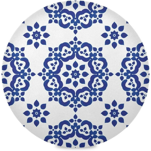 48"X 48" Blue Flower Circle Pattern Elastic Fitted Edged Round Tablecloth Fade Resistant Anti-Shrink Table Cloth Washable Table Cover for Banquet Home Indoor or Outdoor