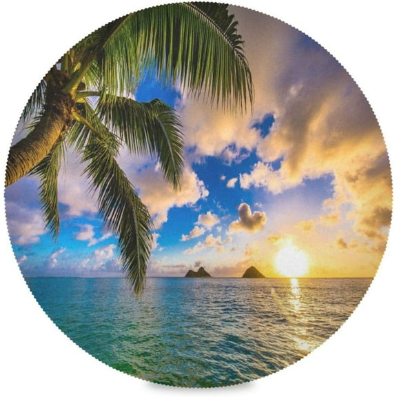 48"X 48" Hawaii Tropical Palm Tree Elastic Fitted Edged Round Tablecloth Fade Resistant Anti-Shrink Table Cloth Washable Table Cover for Banquet Home Indoor or Outdoor