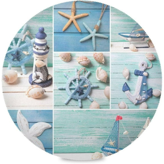 48"X 48" Ocean Sea Lighthouse Starfish Elastic Fitted Edged Round Tablecloth Fade Resistant Anti-Shrink Table Cloth Washable Table Cover for Banquet Home Indoor or Outdoor