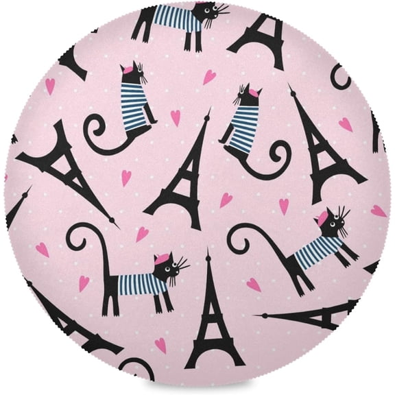48"X 48" Paris Eiffel Tower Cat, Elastic Fitted Edged Round Tablecloth Fade Resistant Anti-Shrink Table Cloth Washable Table Cover for Indoor or Outdoor and Anywhere You Wanna use it