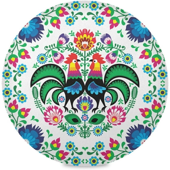 48"X 48" Polish Flower and Rooster, Elastic Fitted Edged Round Tablecloth Waterproof Anti-Shrink Soft Polyester Table Cloth Washable Table Cover for Banquet Home Indoor or Outdoor