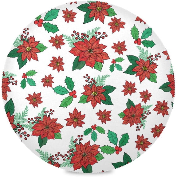 48"X 48" Red Poinsettia Holly Mistletoe and Berries Elastic Fitted Edged Round Tablecloth Fade Resistant Anti-Shrink Table Cloth Washable Table Cover for Banquet Home Indoor or Outdoor