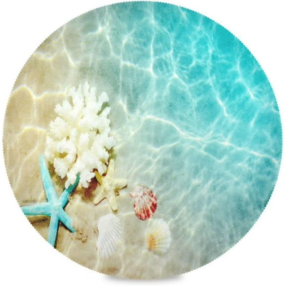 48"X 48" Starfish Ocean Sea Shell Beach Elastic Fitted Edged Round Tablecloth Fade Resistant Anti-Shrink Table Cloth Washable Table Cover for Banquet Home Indoor or Outdoor