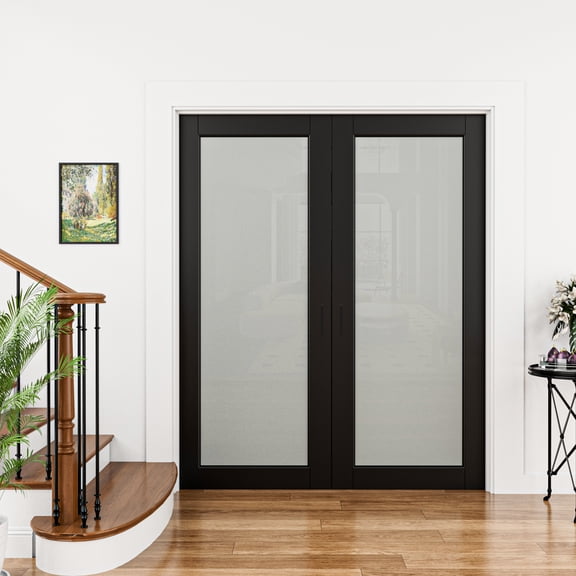 48" X 80" 1-Lite Frosted Glass Black Solid Core French Door With Ball Catch