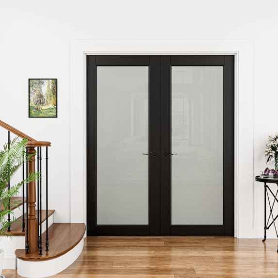 48" X 80" 1-Lite Frosted Glass Black Solid Core French Door