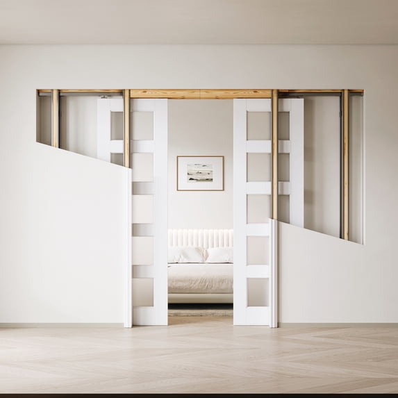 48" X 80" Frosted Glass 5-Lite Sliding Pocket Door White Standard Door with Hardware Kit Set