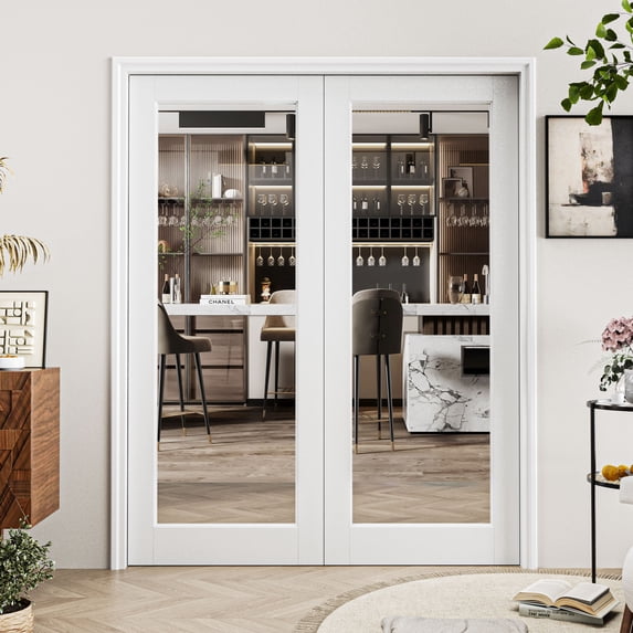 48" X 80" Interior 1-Lite Clear Glass Primed Slab Door Prefinished Solid Core Wood Standard Door