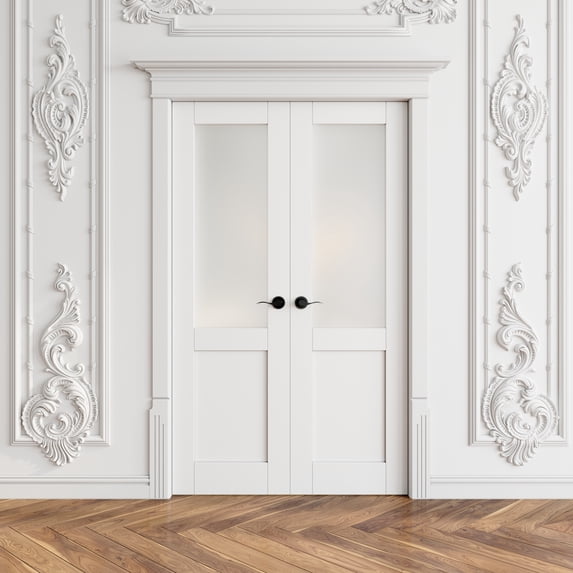 48" X 80" Interior Frosted Glass Paneled French Doors Solid Double Doors With Hardware Kit / Handles
