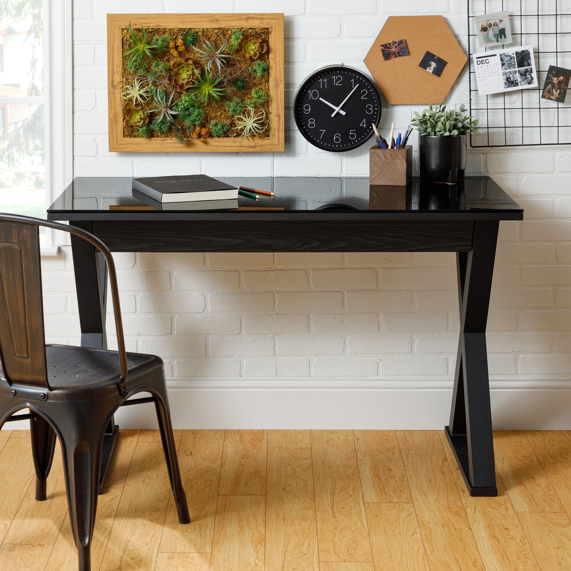 Walker Edison Writing Office Desk, Modern Glass Top x-Frame