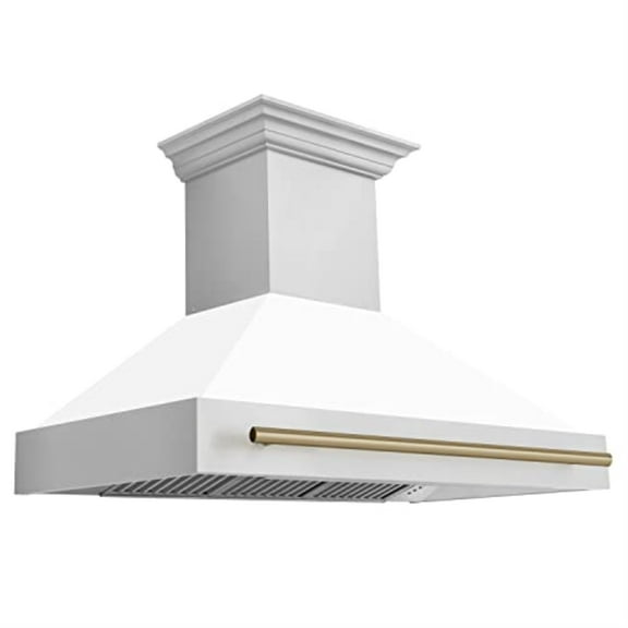48" ZLINE Autograph Edition Stainless Steel Range Hood with White Matte Shell and Champagne Bronze Handle