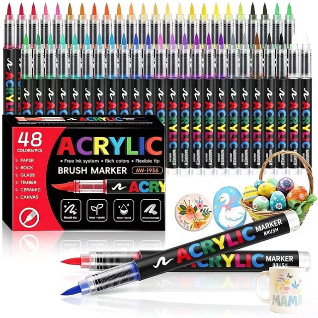 48 Colors Acrylic Paint Markers, Soft Brush Tip Pens and Markers ...