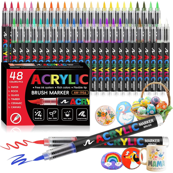 48 Colors Acrylic Paint Markers, Soft Brush Tip Pens and Markers, Acrylic Paint Pens for Wood, Rock, Glass, Wood, Coloring Books – Classroom Art Supplies Gift – Teacher Appreciation Gift
