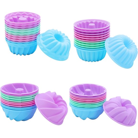 48 count Donut Mold, 2.75" Diameter 0.98" Deep Mini Baking Cups, Non-Stick, 4 Shape Molds, Heat Resistant Bakeware for Bagel, Muffin, Jello and Cake Baking