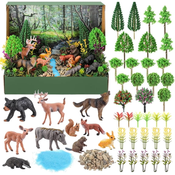 48 count Forest Diorama Kit Habitat Project Box Set Forests Diorama Supplies Include Woodland Model Figures Artificial Trees Rocks with Cardboard for DIY Crafts Gifts