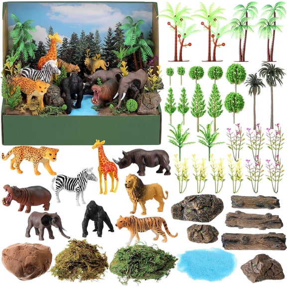 48 count Jungle Diorama Kit Habitat Project Box Set Jungles Grassland Diorama Supplies Include Woodland  Figures Artificial Trees  Rocks with  for DIY Crafts Birthday Gifts