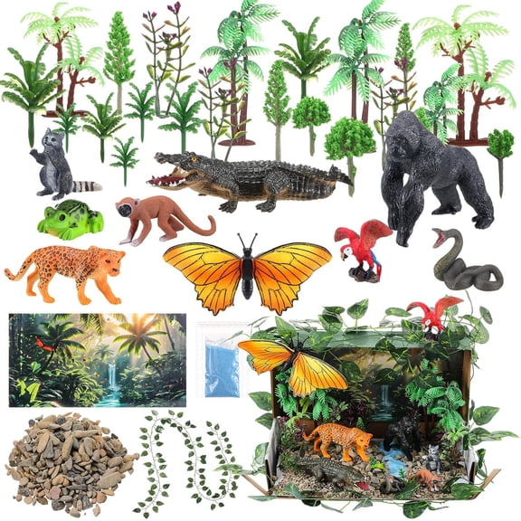 48 count Rainforest Diorama Kit Habitat Project Box Set Rain Forest Diorama Supplies Include Rain Forest Figures Artificial Trees Rocks with Cardboard for DIY Crafts Gifts