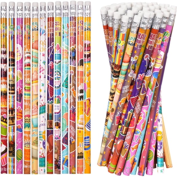 48 count Wooden Pencils with Erasers Colorful Novelty Pencils Awards Incentives Supplies Giveaways Party Favor (Birthday)