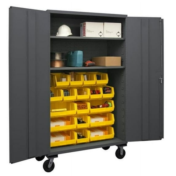 48 in. 16 Gauge Flush Door Style Lockable Mobile Storage Cabinet with 18 Yellow Hook on Bins & 2 Adjustable Shelves, Gray
