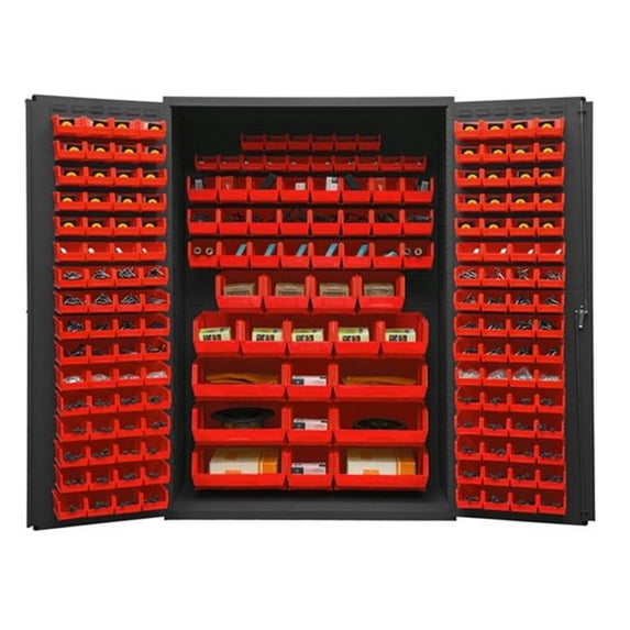 48 in. 16 Gauge Flush Door Style Lockable Storage Cabinets with 186 Red Hook on Bins, Gray