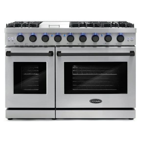 48 in. 7 cu. ft. Double Oven Gas Range, 6 Burners, Griddle, Convection, Knob LEDs, Stainless Steel, Matte Black Handle Knob Kit