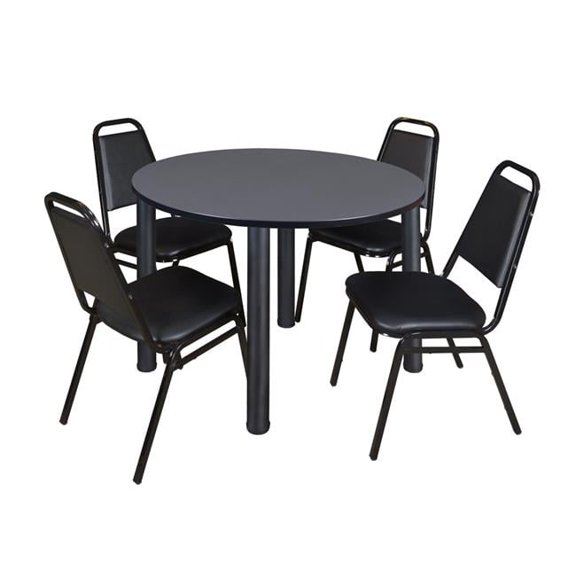 48 in. Gray & Black Kee Round Breakroom Table with 4 Black Restaurant Stack Chairs