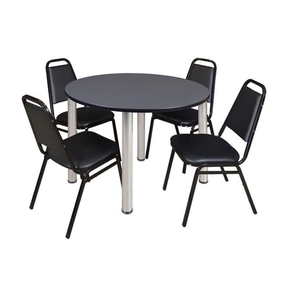 48 in. Gray & Chrome Kee Round Breakroom Table with 4 Black Restaurant Stack Chairs