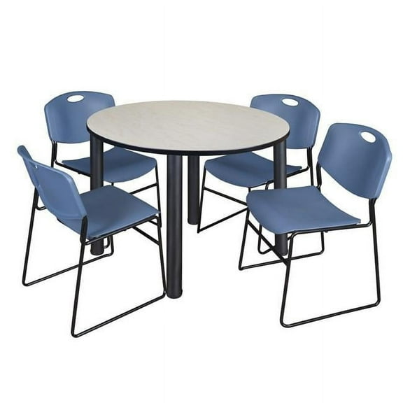 48 in. Kee Round Breakroom Table & 4 Zeng Stack Chairs, Maple, Black & Blue
