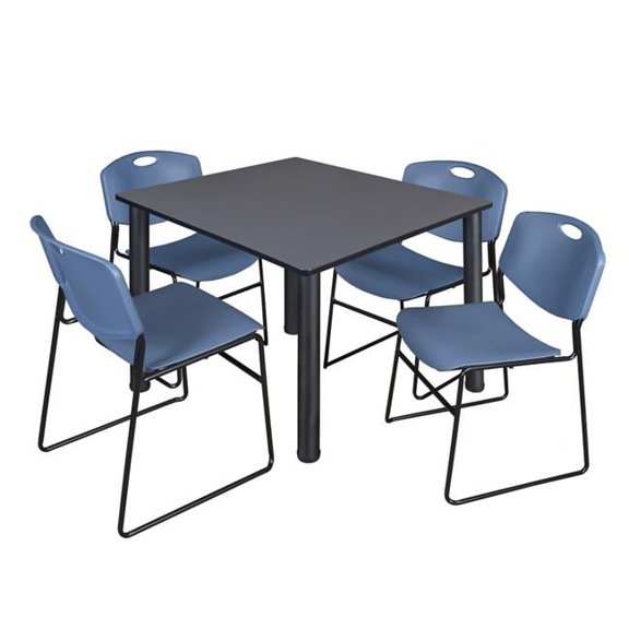 48 in. Kee Square Breakroom Table & 4 Zeng Stack Chairs, Grey, Black & Blue