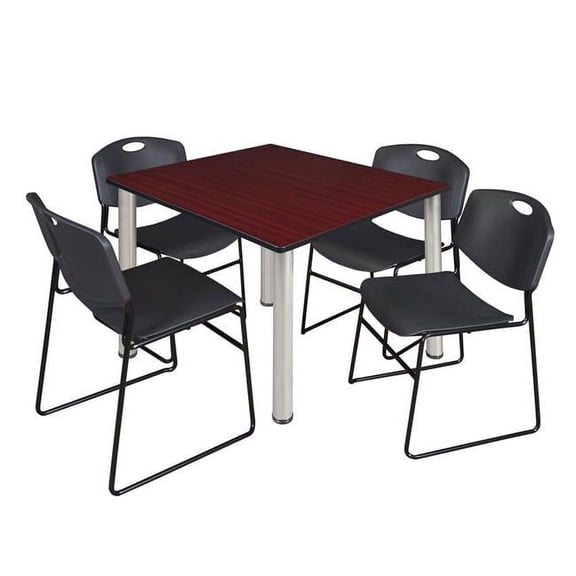 48 in. Kee Square Breakroom Table, Mahogany & Chrome & 4 in. Zeng Stack Chairs - Black